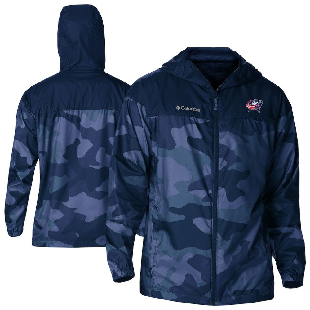Columbus Blue Jackets Columbia Camo Flash Challenger Omni-Shade Full-Zip Hoodie Windbreaker Navy