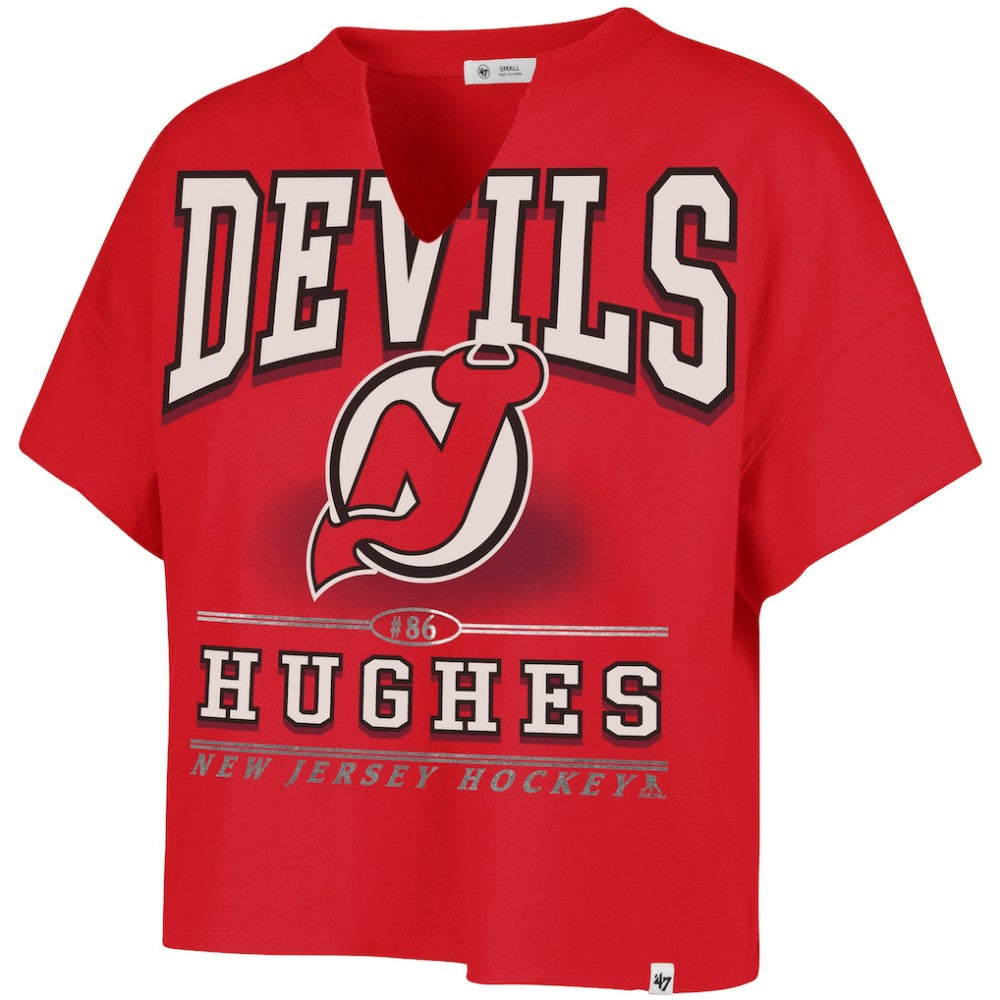 Jack Hughes New Jersey Devils '47 Women's Elation Name & Number Oversized Notch Neck T-Shirt Red