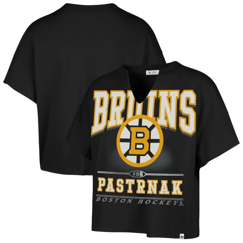 David Pastrnak Boston Bruins '47 Women's Elation Name & Number Oversized Notch Neck T-Shirt Black