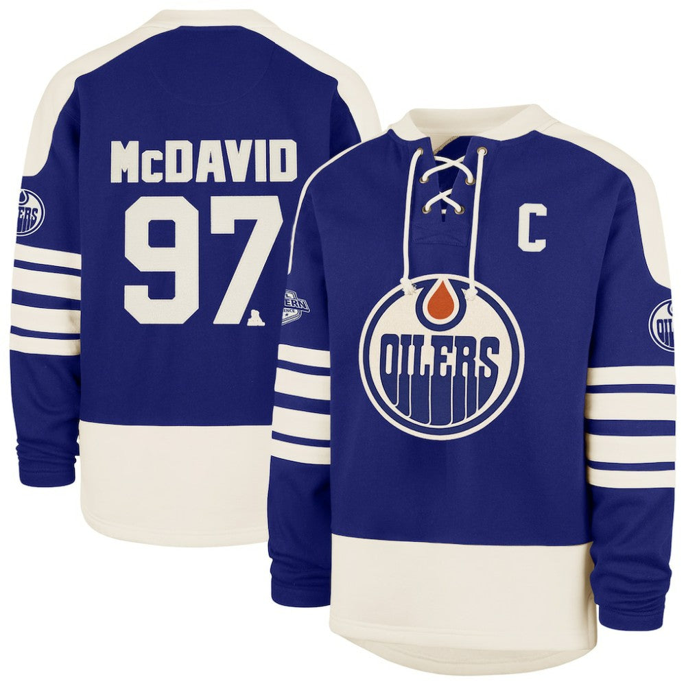 Connor McDavid Edmonton Oilers '47 Player Name & Number Sweep Check Eternal Lacer Sweatshirt Royal