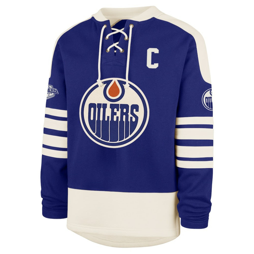 Connor McDavid Edmonton Oilers '47 Player Name & Number Sweep Check Eternal Lacer Sweatshirt Royal