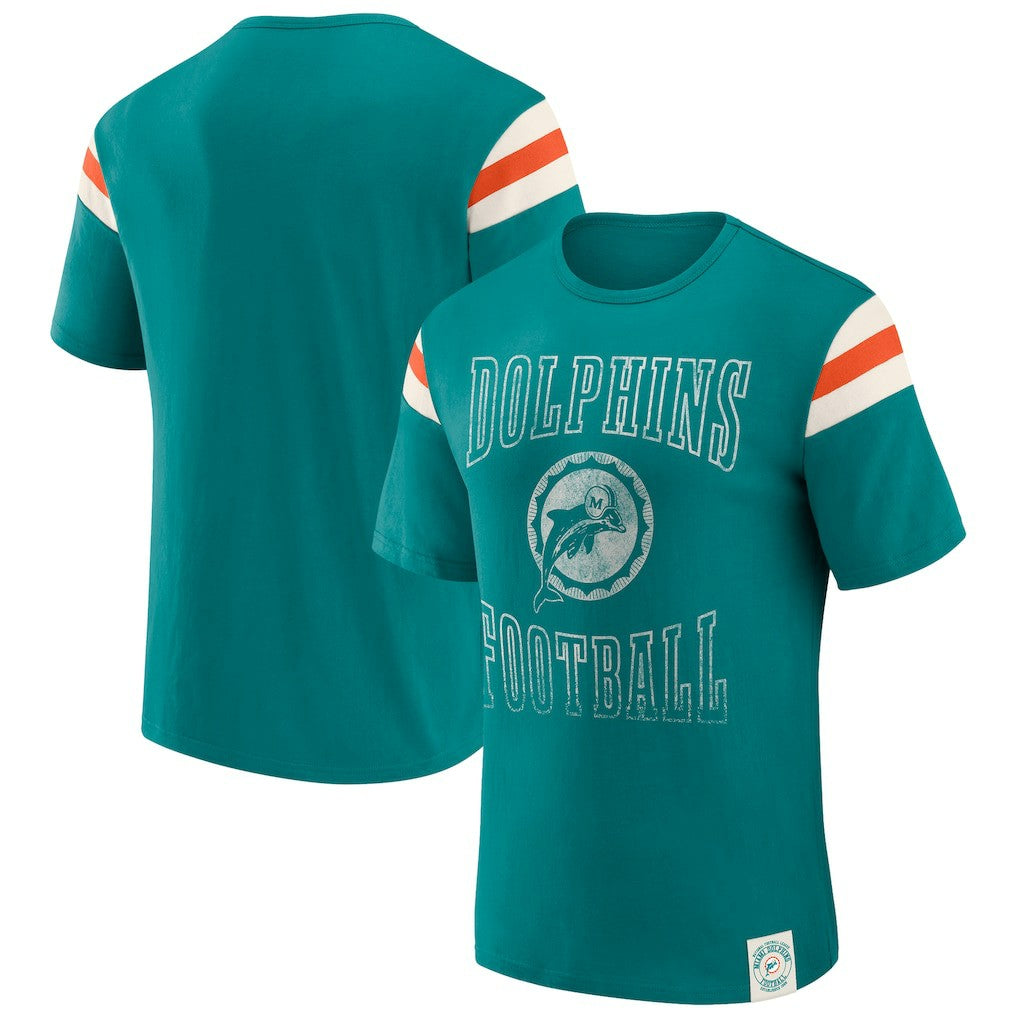 Miami Dolphins Darius Rucker Collection Distressed Throwback Shoulder Stripe T-Shirt - Aqua on sale