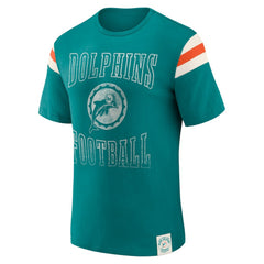 Miami Dolphins Darius Rucker Collection Distressed Throwback Shoulder Stripe T-Shirt - Aqua on sale
