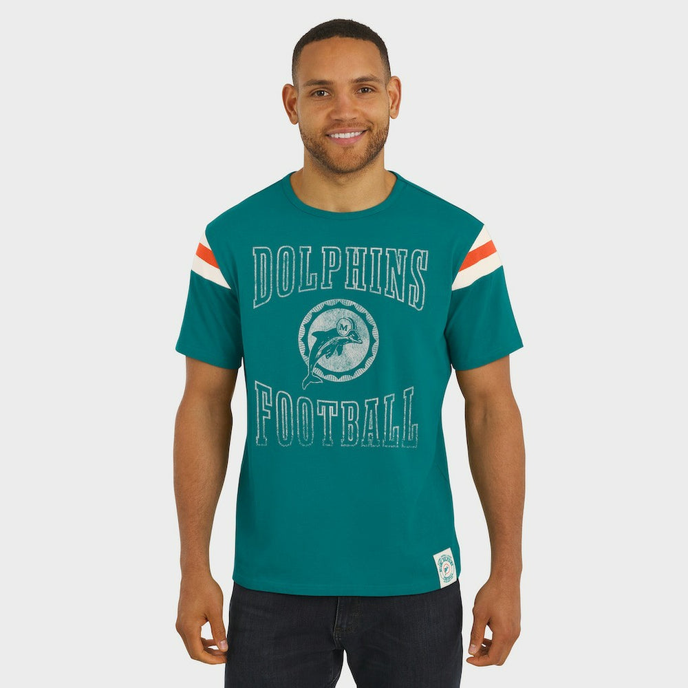 Miami Dolphins Darius Rucker Collection Distressed Throwback Shoulder Stripe T-Shirt - Aqua on sale