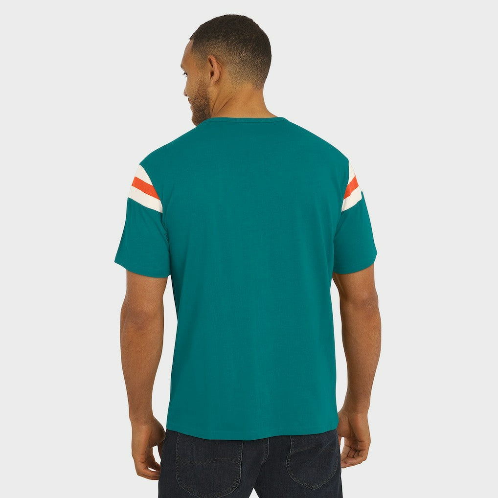 Miami Dolphins Darius Rucker Collection Distressed Throwback Shoulder Stripe T-Shirt - Aqua on sale