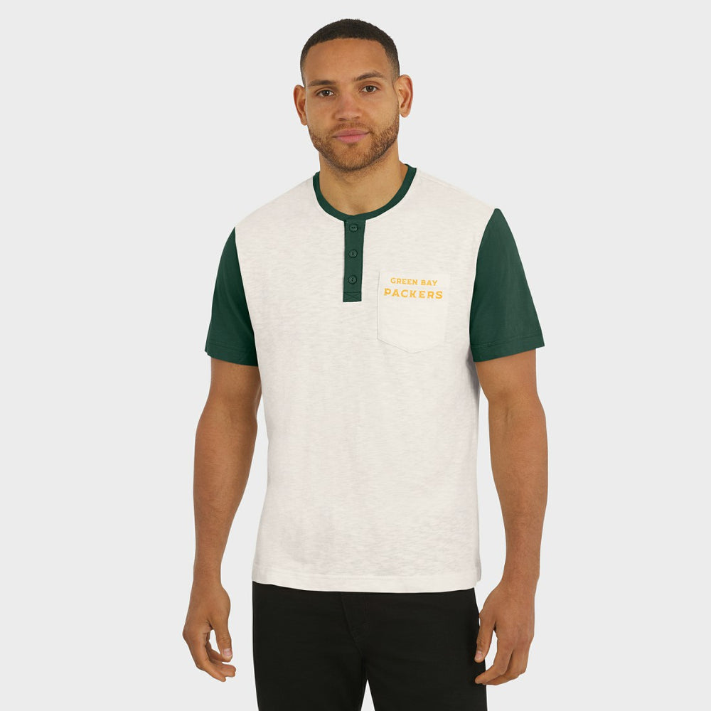 Green Bay Packers Darius Rucker Collection Henley Colorblock Slub Pocket T-Shirt - Cream online
