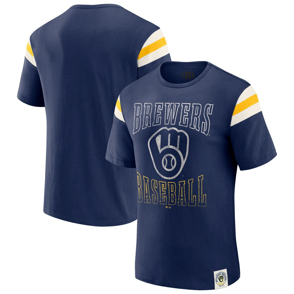 Milwaukee Brewers Darius Rucker Collection Distressed Sleeve Stripe T-Shirt - Navy