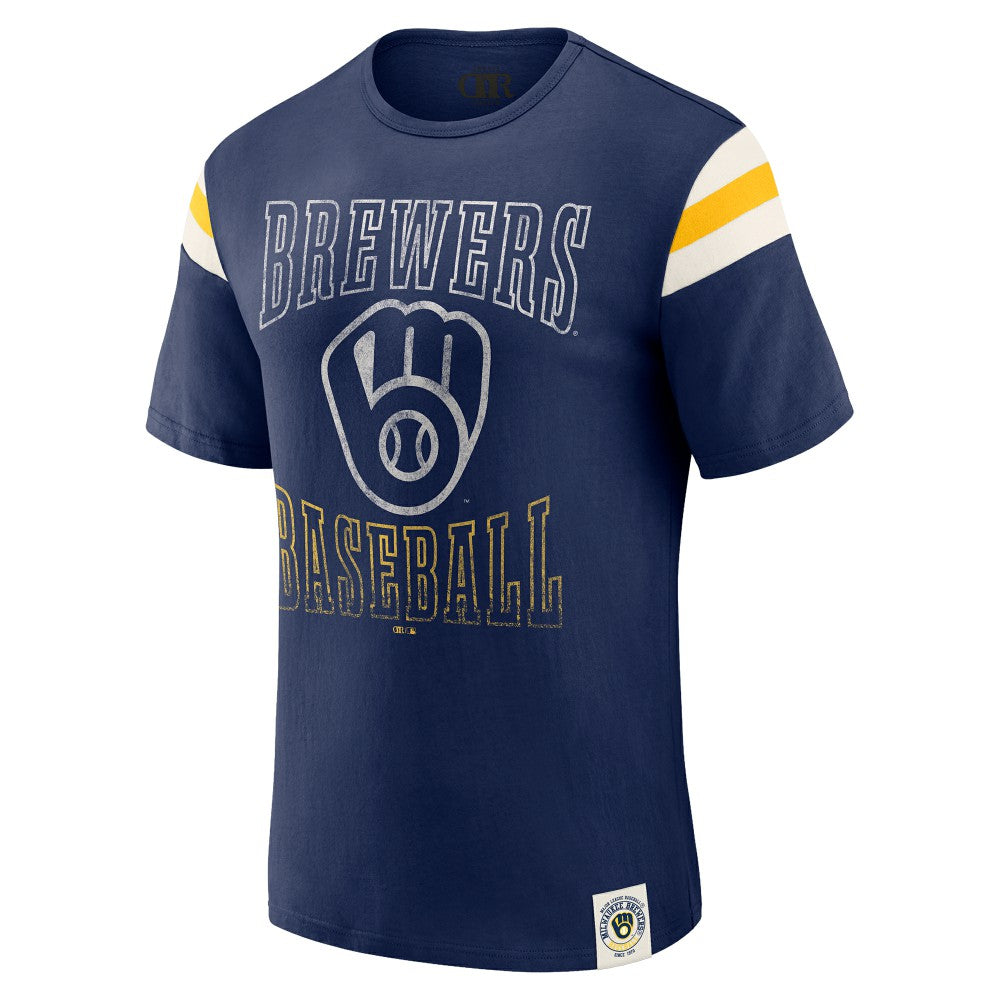 Milwaukee Brewers Darius Rucker Collection Distressed Sleeve Stripe T-Shirt - Navy