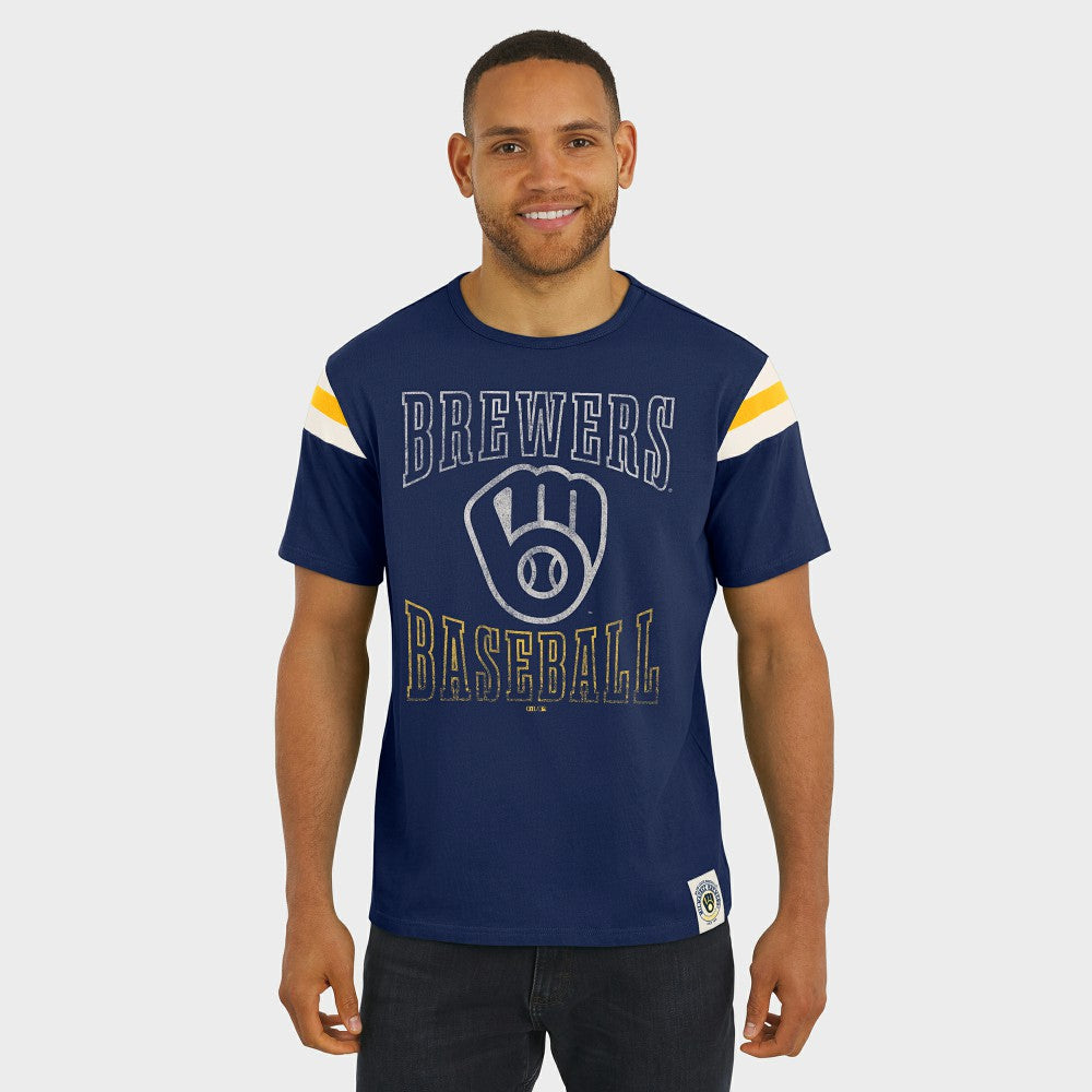 Milwaukee Brewers Darius Rucker Collection Distressed Sleeve Stripe T-Shirt - Navy