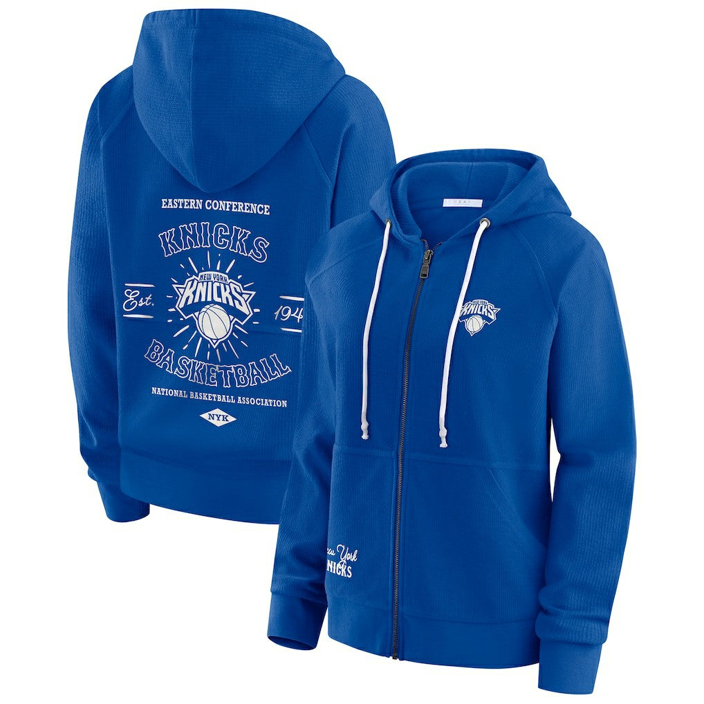 New York Knicks WEAR by Erin Andrews Women's Vintage Full-Zip Raglan Hoodie - Royal discount