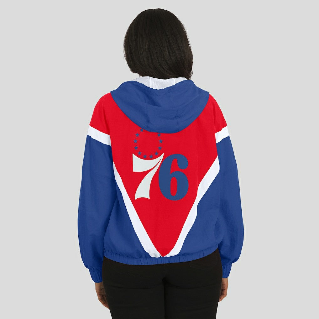 Philadelphia 76ers WEAR by Erin Andrews Women's Colorblock Full-Zip Hoodie Windbreaker Jacket - Red/Royal shop