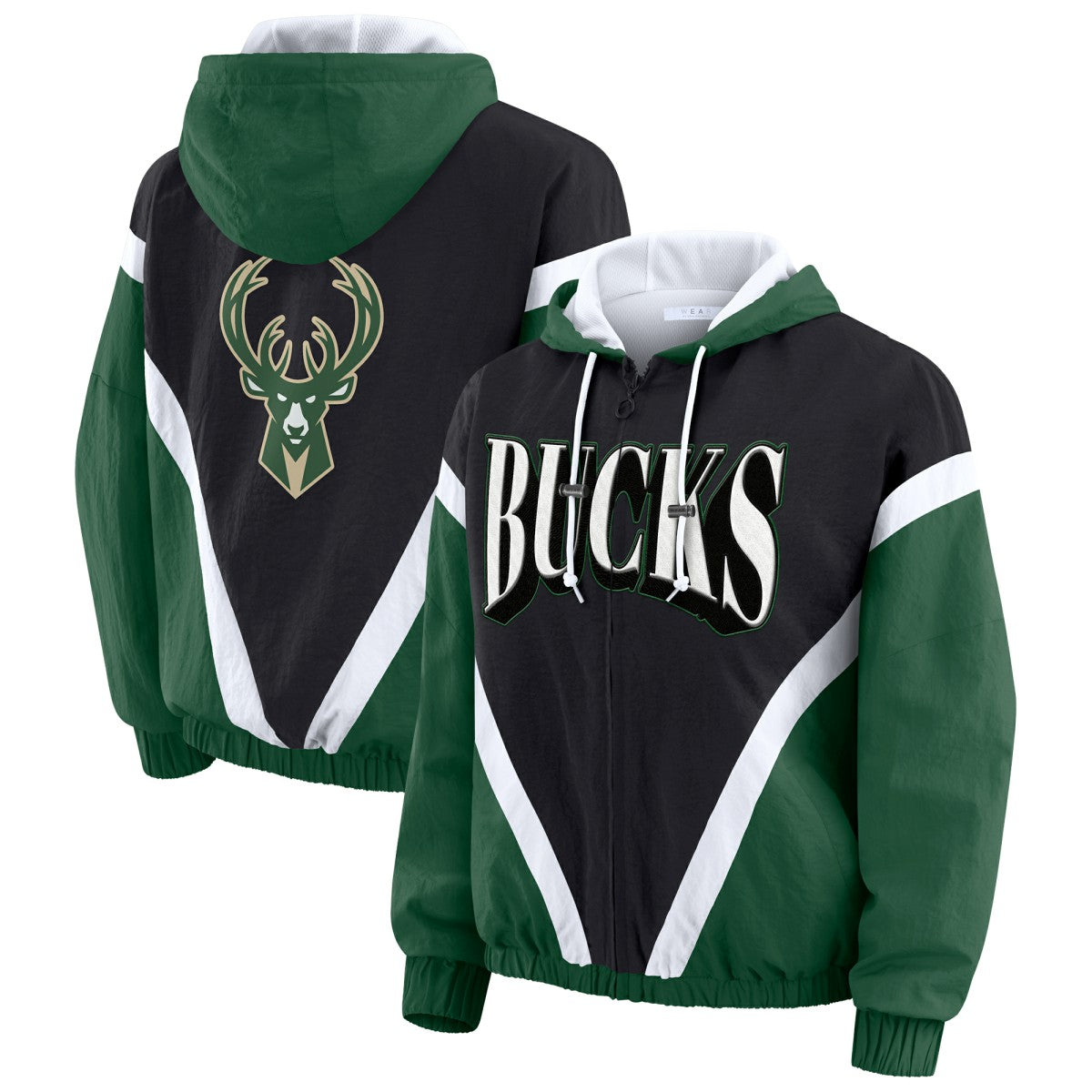Milwaukee Bucks WEAR by Erin Andrews Women's Colorblock Full-Zip Hoodie Windbreaker Jacket - Black/Hunter Green sale
