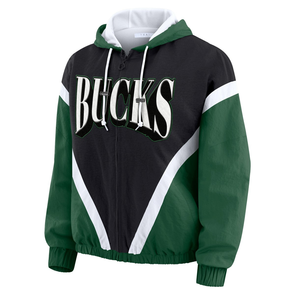 Milwaukee Bucks WEAR by Erin Andrews Women's Colorblock Full-Zip Hoodie Windbreaker Jacket - Black/Hunter Green sale