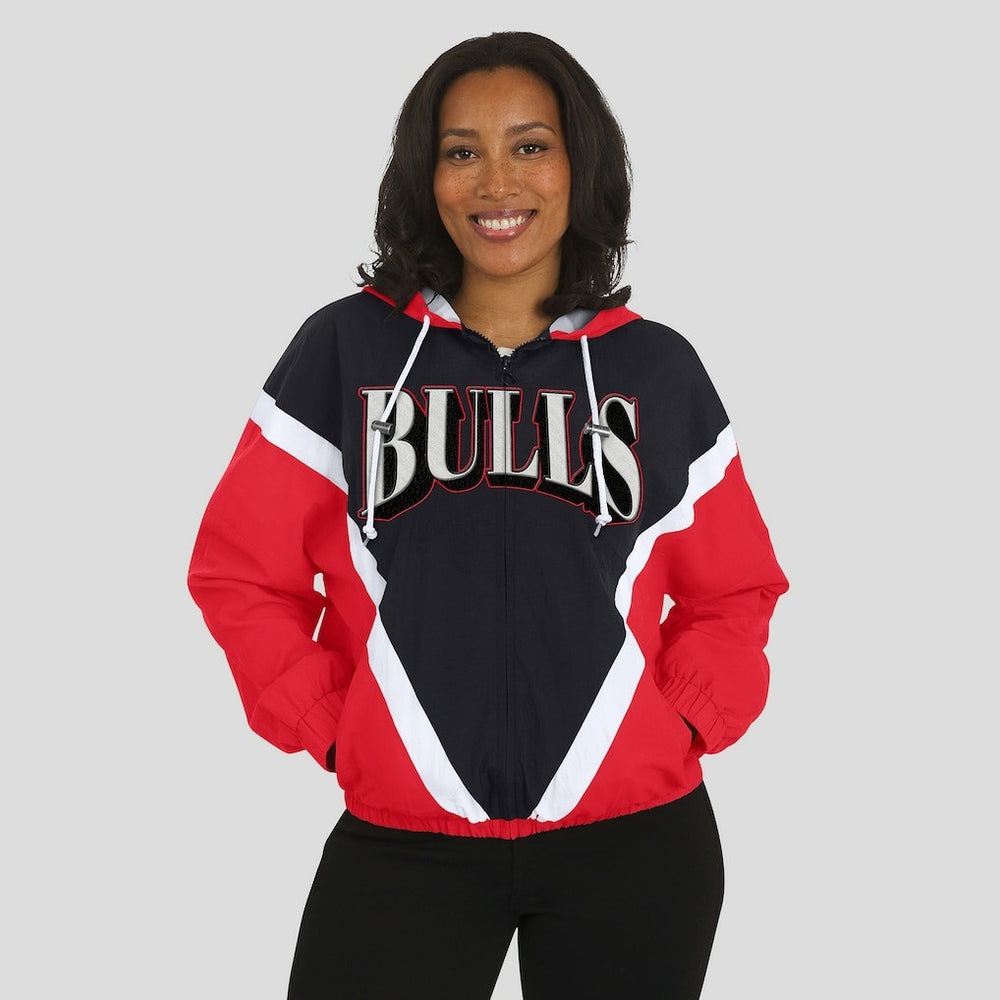 Chicago Bulls WEAR by Erin Andrews Women's Colorblock Full-Zip Hoodie Windbreaker Jacket - Black/Red on sale