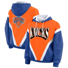 New York Knicks WEAR by Erin Andrews Women's Colorblock Full-Zip Hoodie Windbreaker Jacket - Orange/Royal outlet
