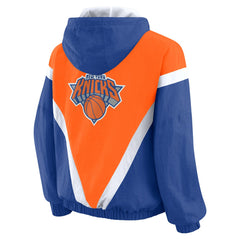 New York Knicks WEAR by Erin Andrews Women's Colorblock Full-Zip Hoodie Windbreaker Jacket - Orange/Royal outlet