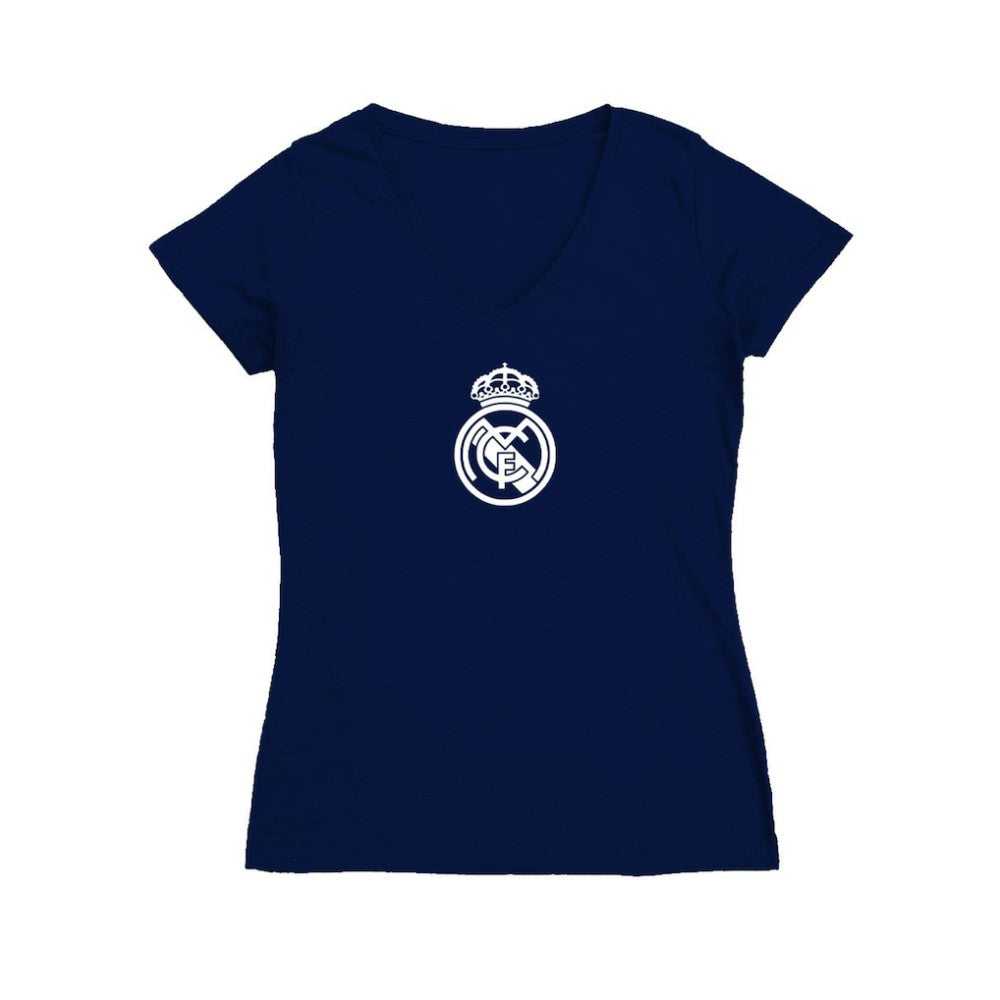 Real Madrid Vive La Fete Women's Color Badge V-Neck Fitted T-Shirt - Navy for sale