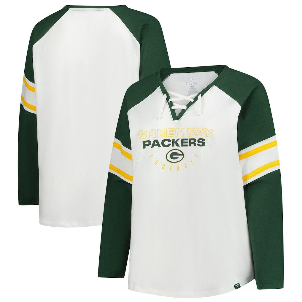 Green Bay Packers Women's Plus Size Redzone Lace Up Long Sleeve T-Shirt - White cheap