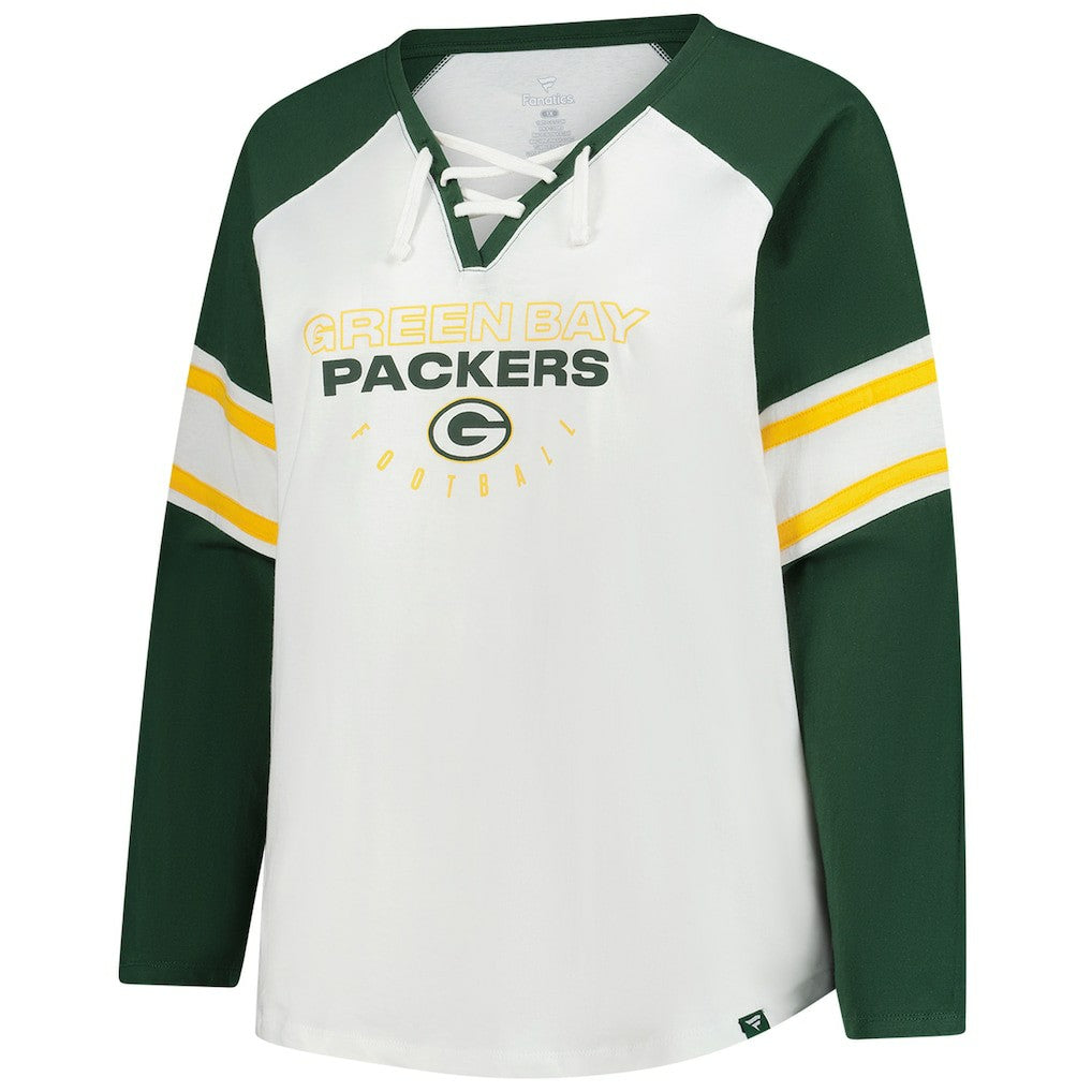 Green Bay Packers Women's Plus Size Redzone Lace Up Long Sleeve T-Shirt - White cheap