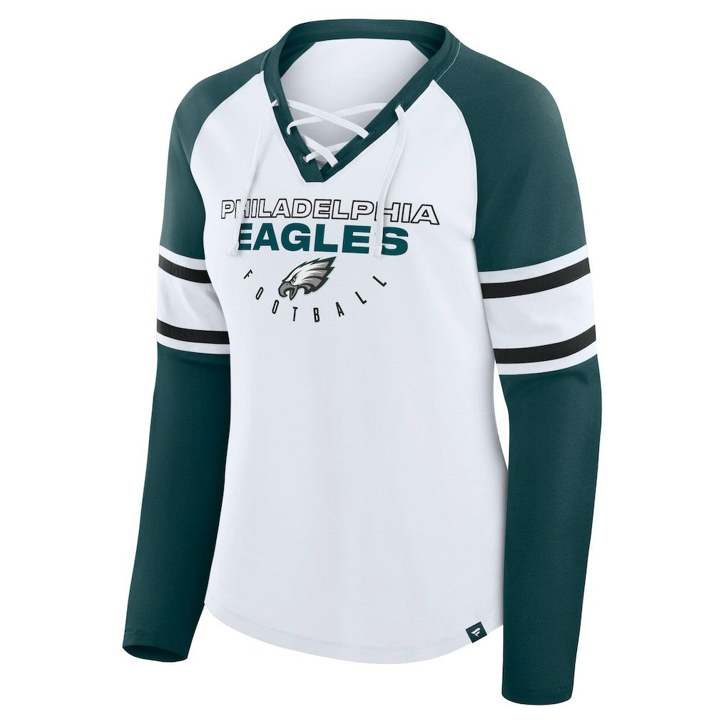 Philadelphia Eagles Women's Plus Size Redzone Lace Up Long Sleeve T-Shirt - White for sale