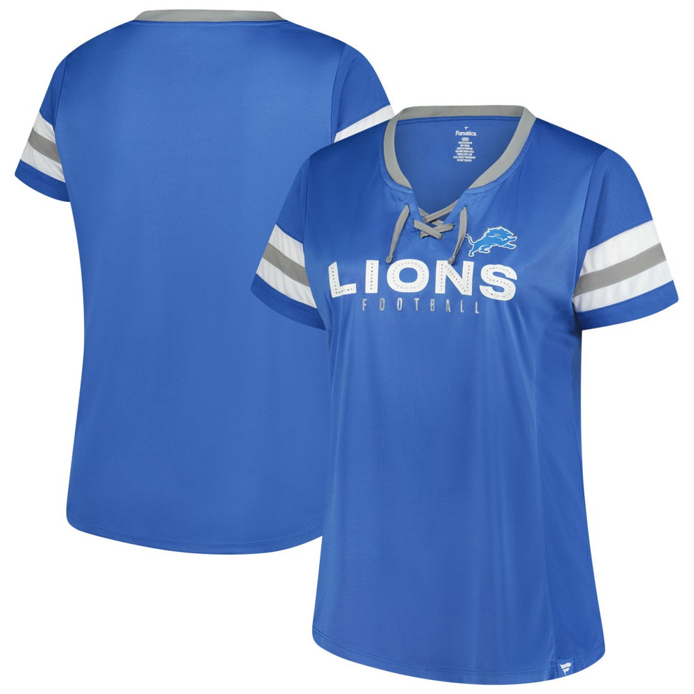 Detroit Lions Women's Plus Size Rhinestone Redzone Athena Lace-Up Notch Neck T-Shirt - Blue discount