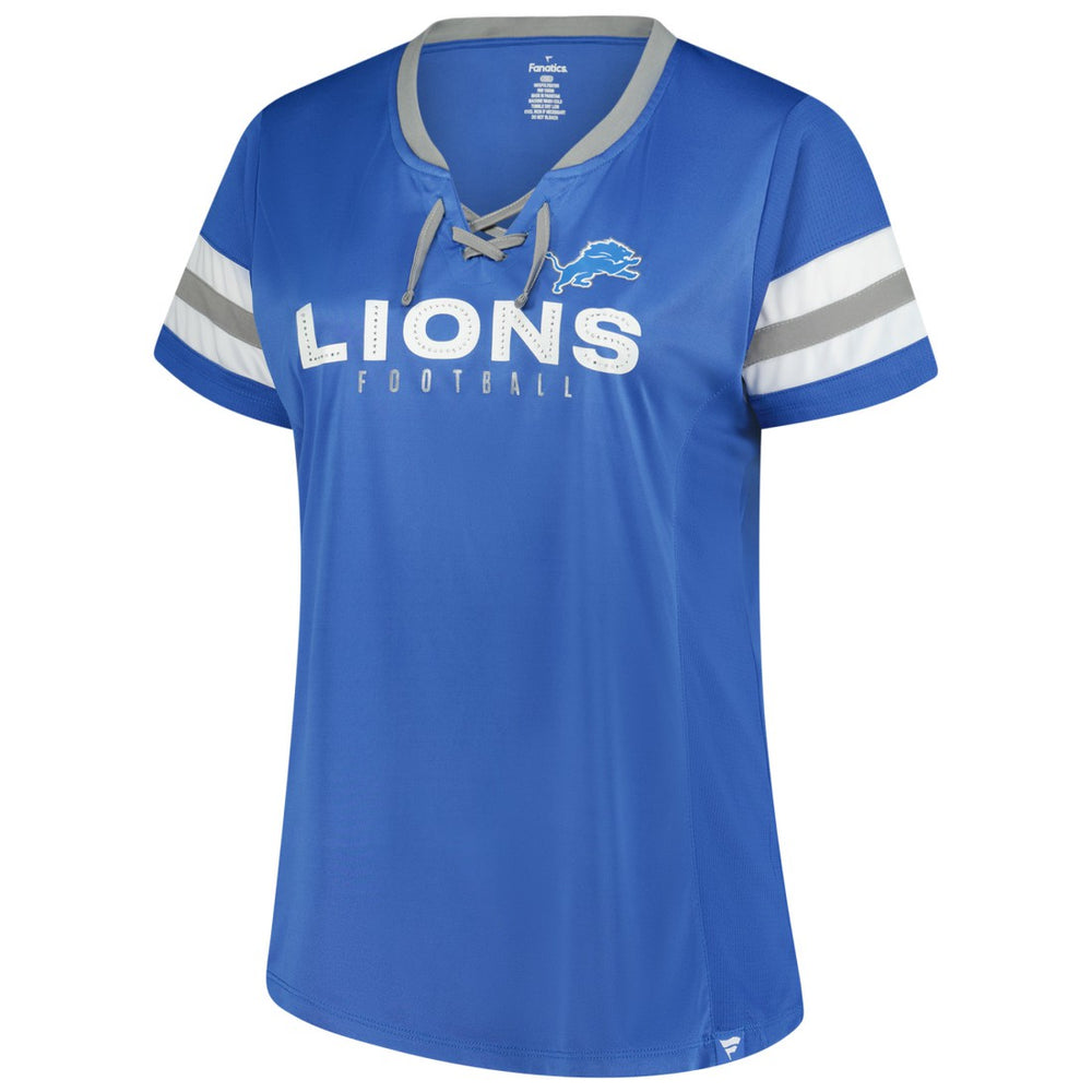 Detroit Lions Women's Plus Size Rhinestone Redzone Athena Lace-Up Notch Neck T-Shirt - Blue discount
