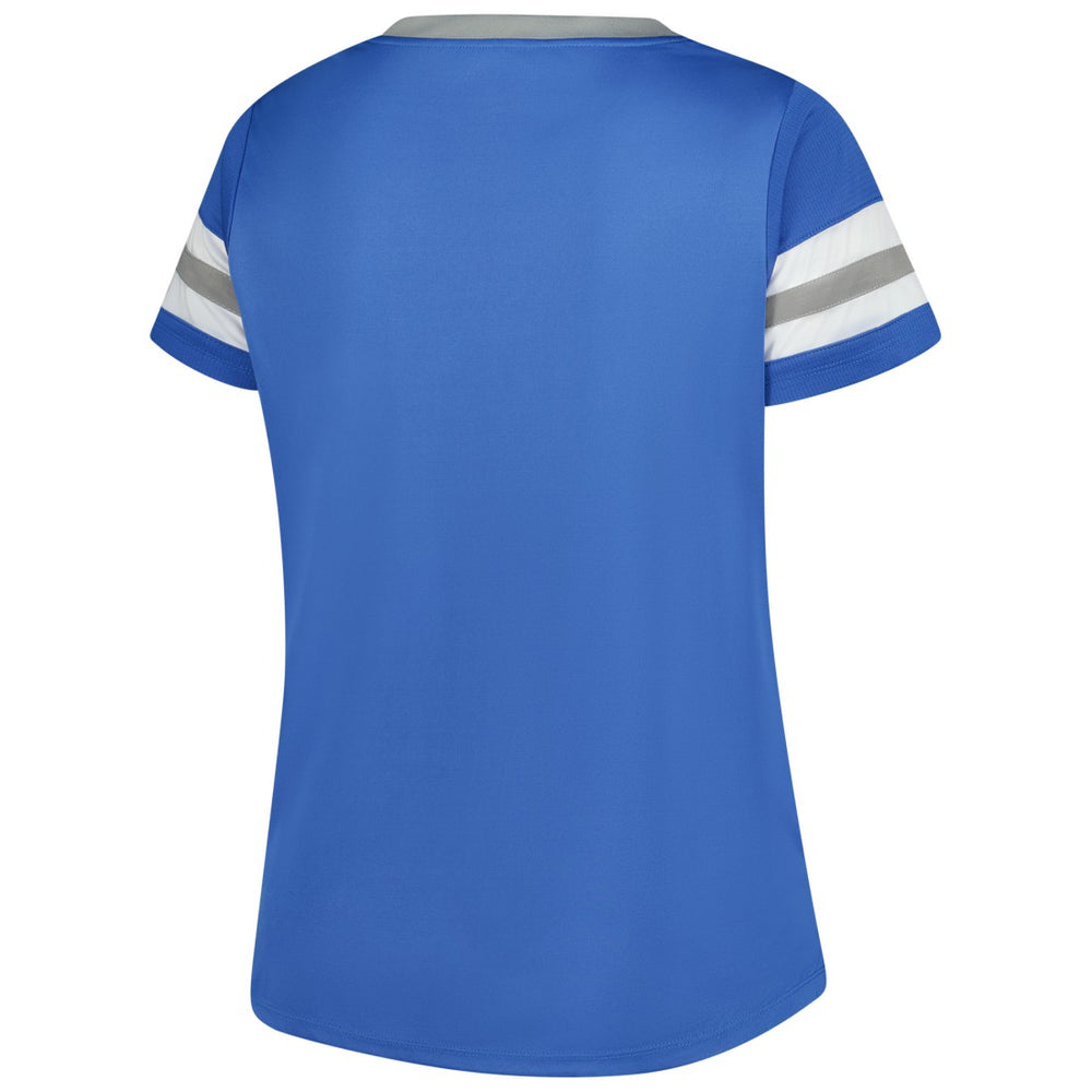 Detroit Lions Women's Plus Size Rhinestone Redzone Athena Lace-Up Notch Neck T-Shirt - Blue discount