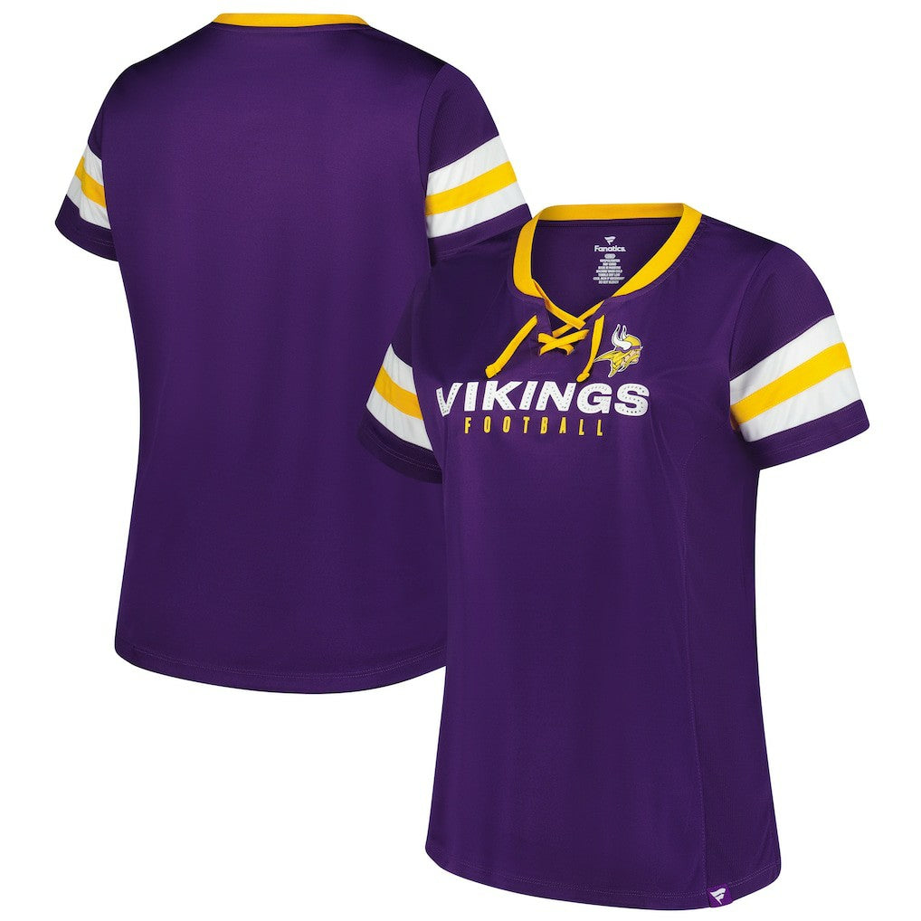 Minnesota Vikings Women's Plus Size Rhinestone Redzone Athena Lace-Up Notch Neck T-Shirt - Purple on sale