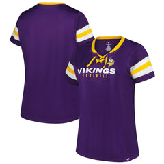 Minnesota Vikings Women's Plus Size Rhinestone Redzone Athena Lace-Up Notch Neck T-Shirt - Purple on sale