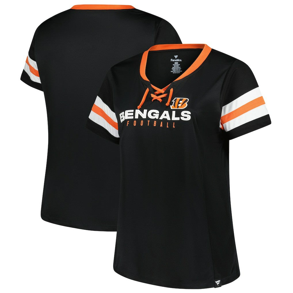 Cincinnati Bengals Women's Plus Size Red Zone Athena Lace-Up V-Notch Neck T-Shirt - Black outlet