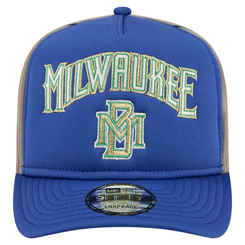 Milwaukee Brewers Vintage Arched Foam Front 9FIFTY A-Frame Adjustable Trucker Hat - Royal | New Era