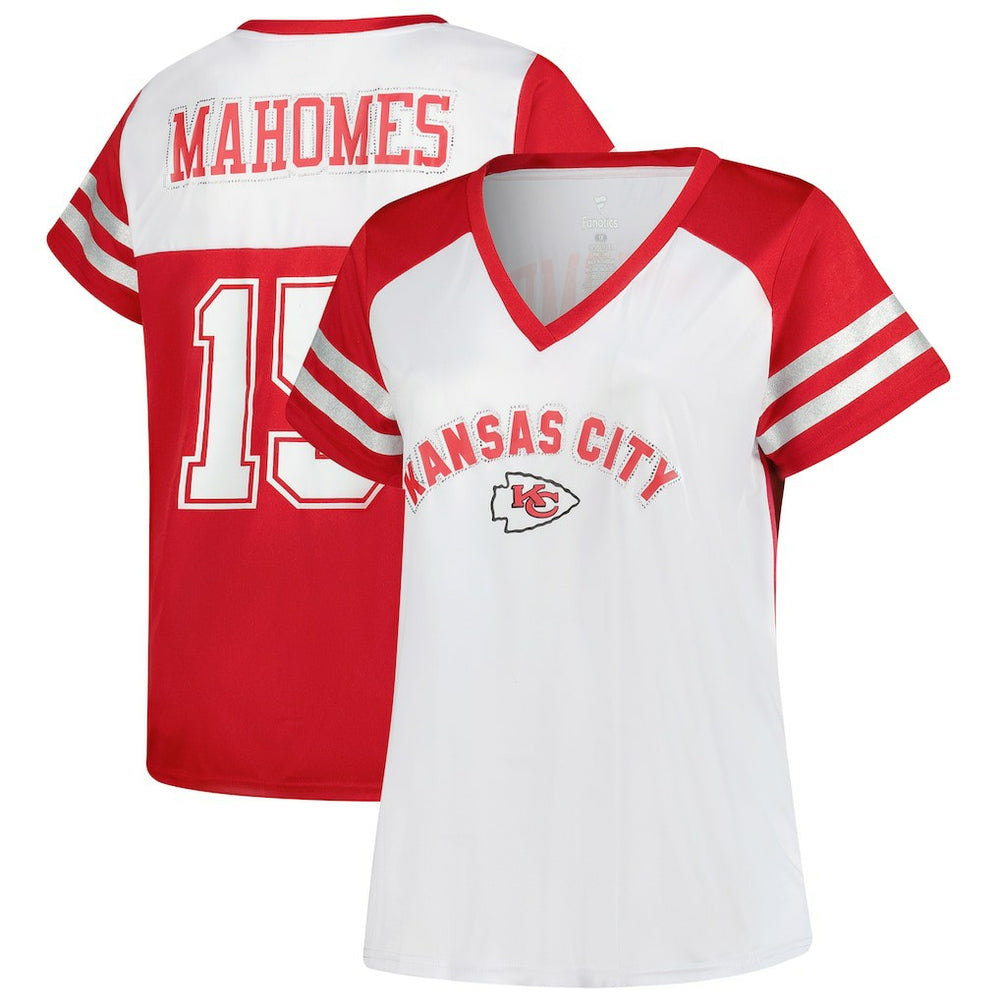 Patrick Mahomes Kansas City Chiefs Women's Plus Size Bling V-Neck T-Shirt - White on sale