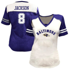 Lamar Jackson Baltimore Ravens Women's Plus Size Bling V-Neck T-Shirt - White for sale