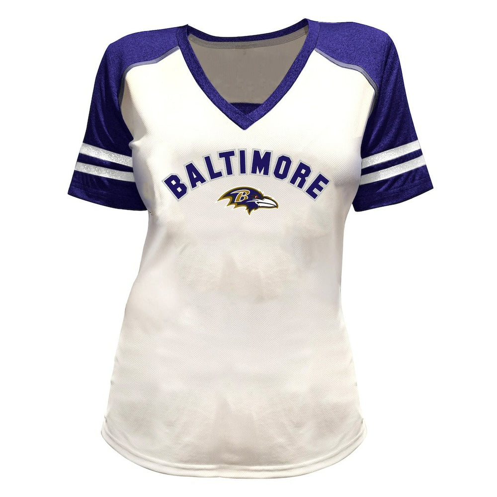 Lamar Jackson Baltimore Ravens Women's Plus Size Bling V-Neck T-Shirt - White for sale