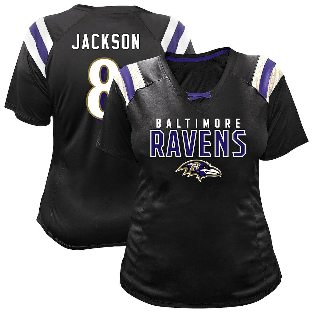 Lamar Jackson Baltimore Ravens Women's Plus Size Name & Number Raglan Lace V-Neck T-Shirt - Black sale