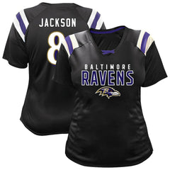 Lamar Jackson Baltimore Ravens Women's Plus Size Name & Number Raglan Lace V-Neck T-Shirt - Black sale
