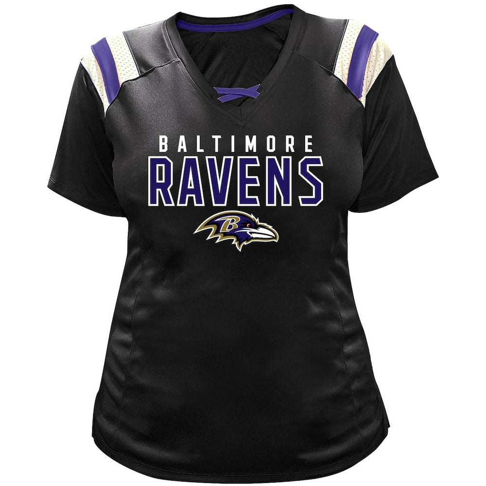 Lamar Jackson Baltimore Ravens Women's Plus Size Name & Number Raglan Lace V-Neck T-Shirt - Black sale