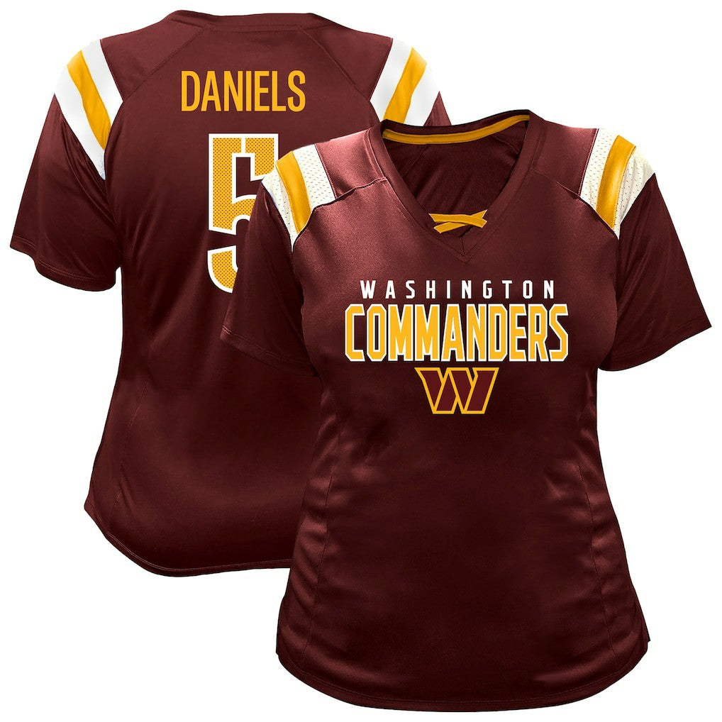 Jayden Daniels Washington Commanders Women's Plus Size Name & Number Raglan Lace V-Neck T-Shirt - Burgundy online