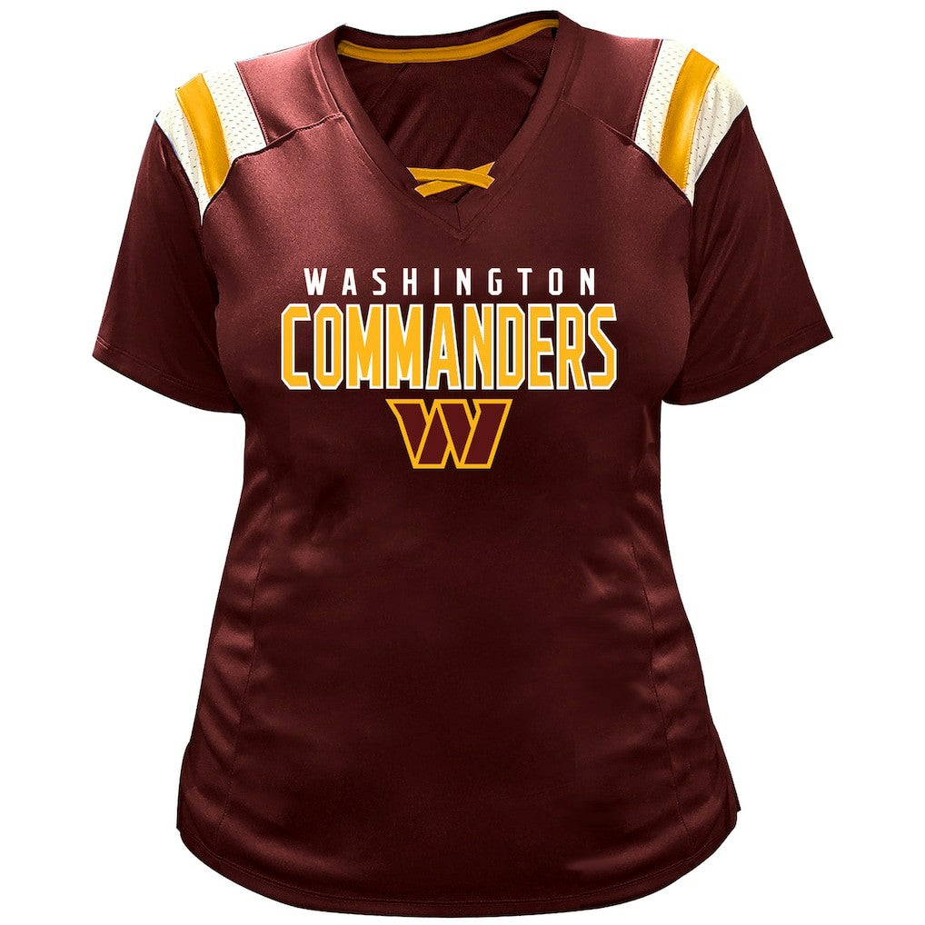 Jayden Daniels Washington Commanders Women's Plus Size Name & Number Raglan Lace V-Neck T-Shirt - Burgundy online