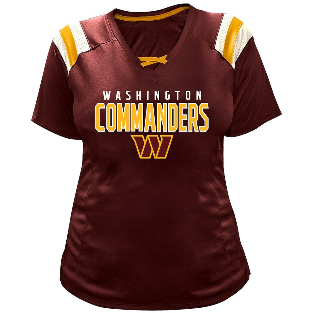 Jayden Daniels Washington Commanders Women's Plus Size Name & Number Raglan Lace V-Neck T-Shirt - Burgundy online