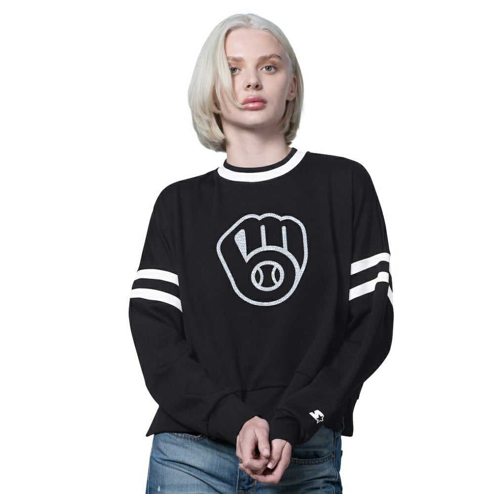 Milwaukee Brewers Starter Women's Rally Cropped Drop Shoulder Crewneck Sweatshirt - Black