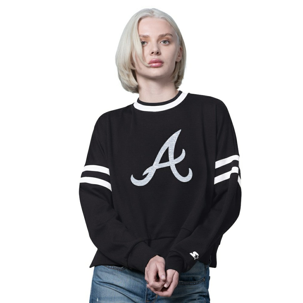 Atlanta Braves Starter Women's Rally Cropped Drop Shoulder Crewneck Sweatshirt - Black
