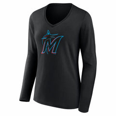 Miami Marlins Women's Logo Long Sleeve V-Neck T-Shirt - Black
