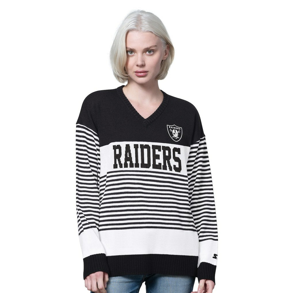 Las Vegas Raiders Starter Women's No Huddle Striped V-Neck Sweater - Black for sale