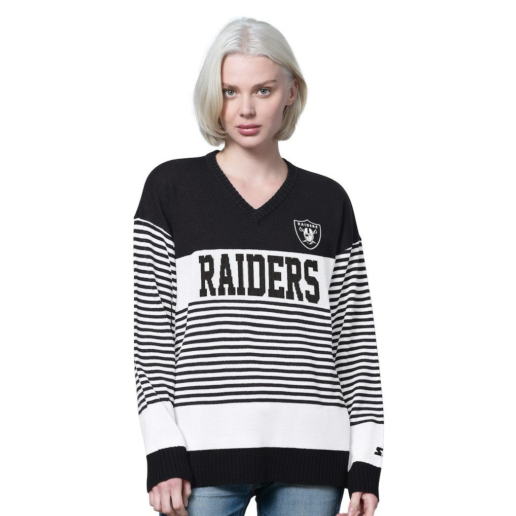 Las Vegas Raiders Starter Women's No Huddle Striped V-Neck Sweater - Black for sale