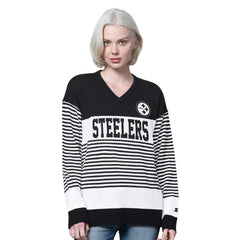 Pittsburgh Steelers Starter Women's No Huddle Striped V-Neck Sweater - Black for sale