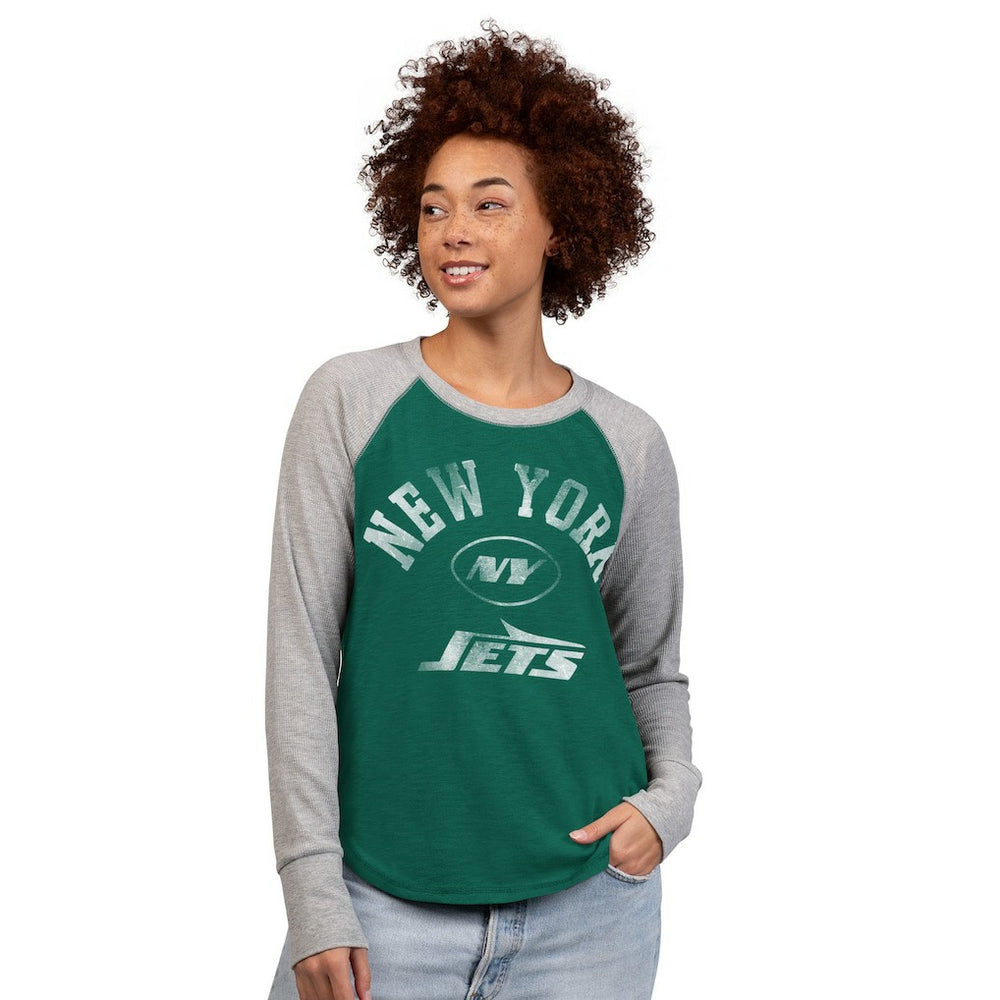 New York Jets G-III 4Her by Carl Banks Women's Waffle Knit Raglan Long-Sleeve T-Shirt - Green/Heather Gray sale