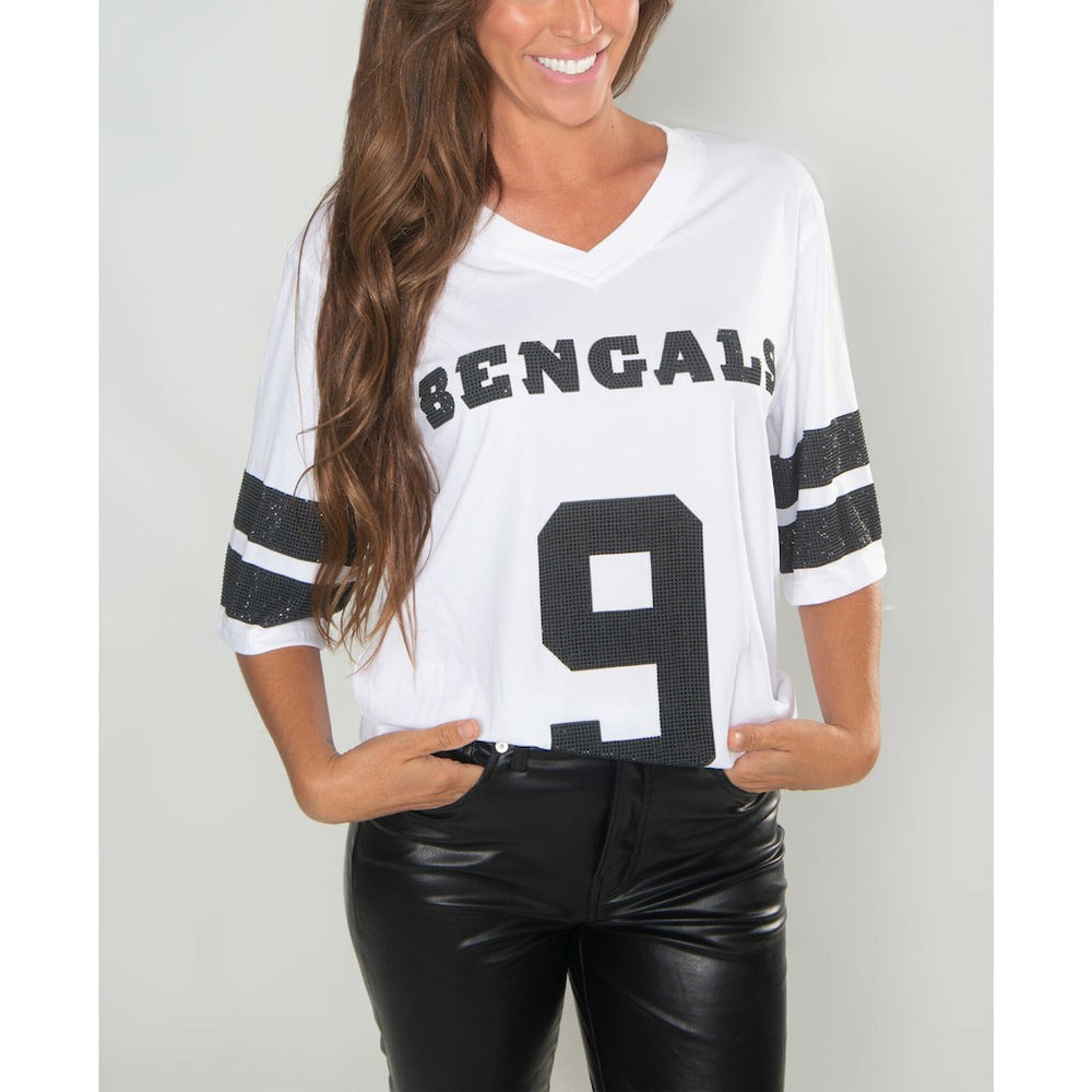 Joe Burrow Cincinnati Bengals Cuce Women's Crystal V-Neck Tunic - White outlet