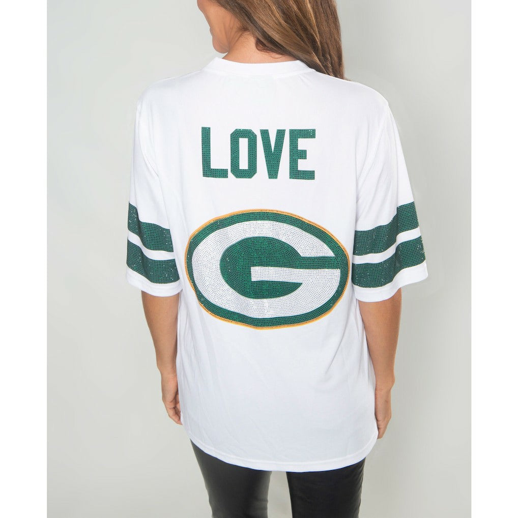 Jordan Love Green Bay Packers Cuce Women's Crystal V-Neck Tunic - White cheap