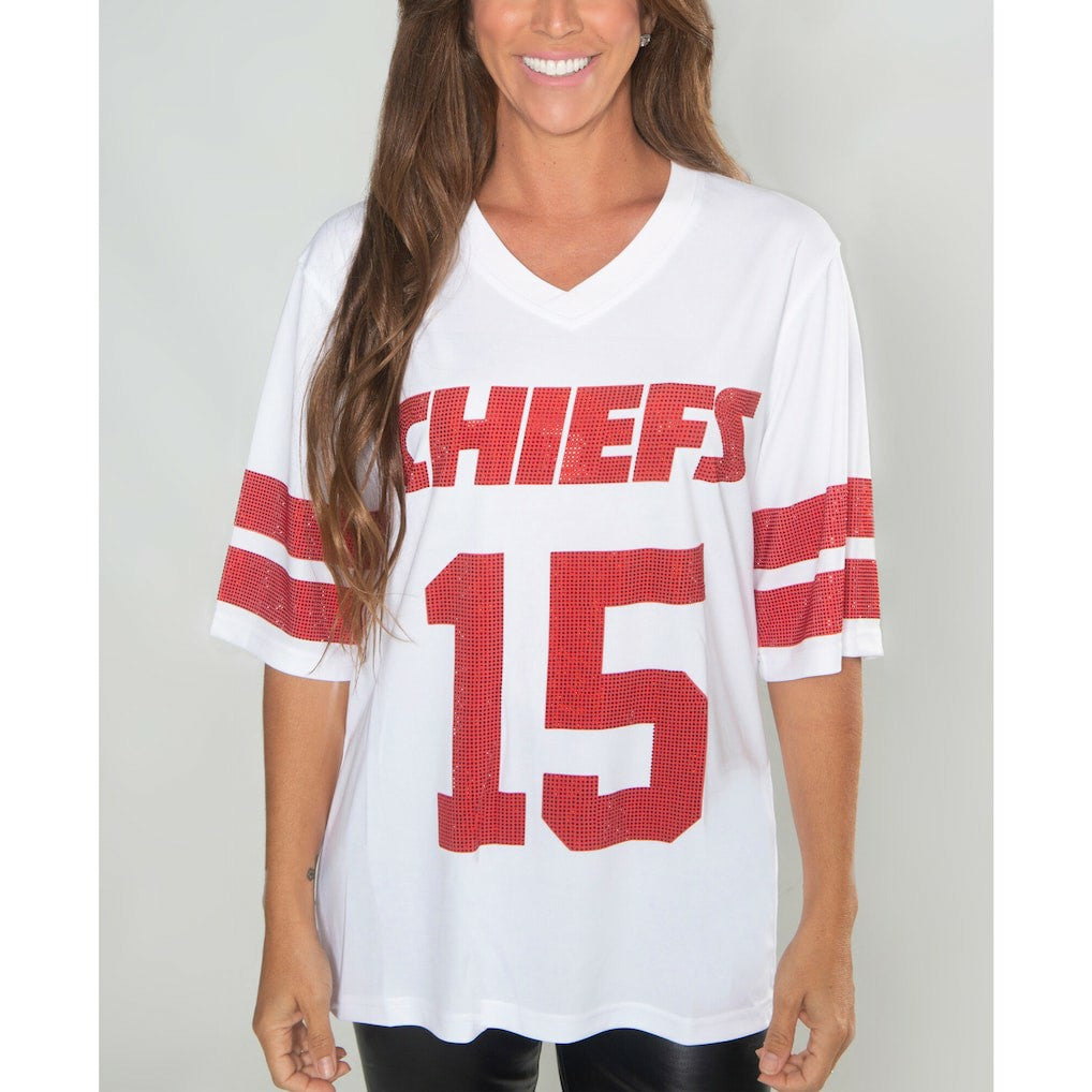 Kansas City Chiefs Cuce Women's Crystal V-Neck Tunic - White for sale